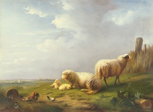 Schapen en kippen in een landschap, 19e eeuw